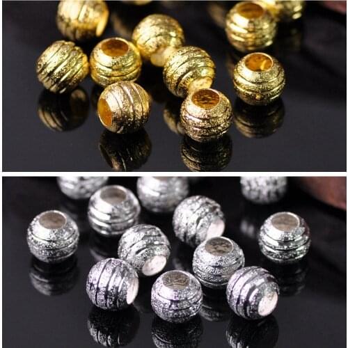 Gold Plated Color Round 8mm 10mm Hollow Matte Metal Brass Stripe Carved Big Hole Loose Beads Lot For Jewelry Making DIY Crafts