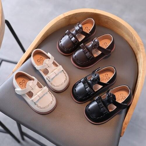 Kids Flats for Girls Shoes Toddlers Little Girl Black Party Shoes with Bowtie Sweet T-strap Childrens Leather Shoes 21-30 Brand