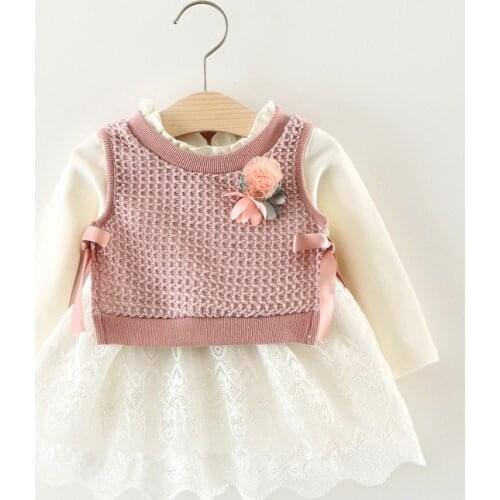 Spring newborn baby girl clothes outfit sets knitted vest + lace dress suit for 1 year birthday girl baby clothing infant sets