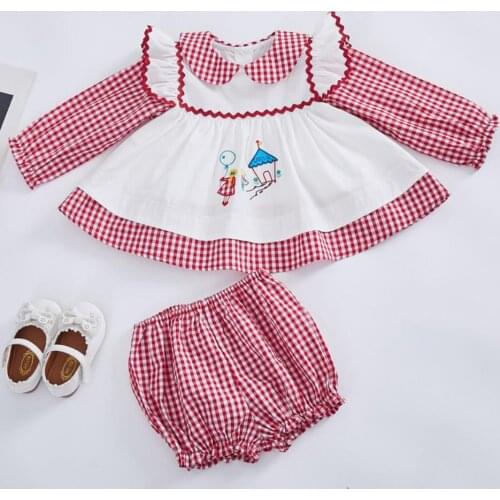 Vintage Spanish Autumn baby girl princess dress Kids long sleeve Plaid lolita embroidered dress Casual C