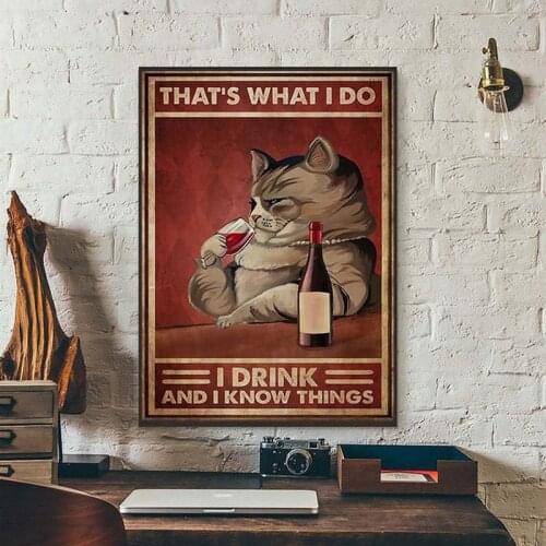 Vintage Abstract Style Cat Drinking Wine Read Book Posters And Prints Canvas Painting Wall Pictures For Living Room Decoration