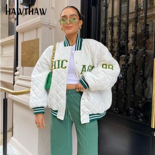 Hawthaw Women Autumn Winter Long Sleeve Buttons Letter Print Baseball White Jacket Coat 2021 Female Wholesale Clothes Streetwear