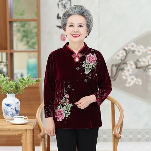 Gold Velvet Clothes Women Embroidery Blouses Elegant Female Floral Tops Shirts