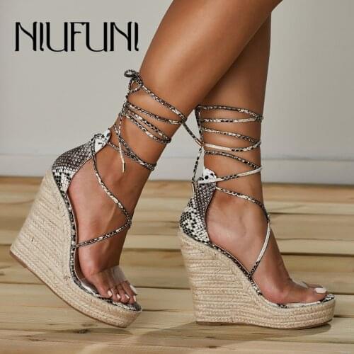 NIUFUNI 2019 Ladies Wedges Sandals Platform Shoes Woman Gladiator Sandals High Heels Cross-Band Snakeskin Summer Shoes Plus Size