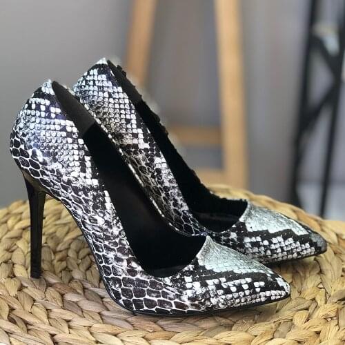 Women Shoes 2021 Snake Pattern Leather Stiletto Wedding Prom Elegant Night New Fashin Pointed Toe Thin Heel 10 Cm Height