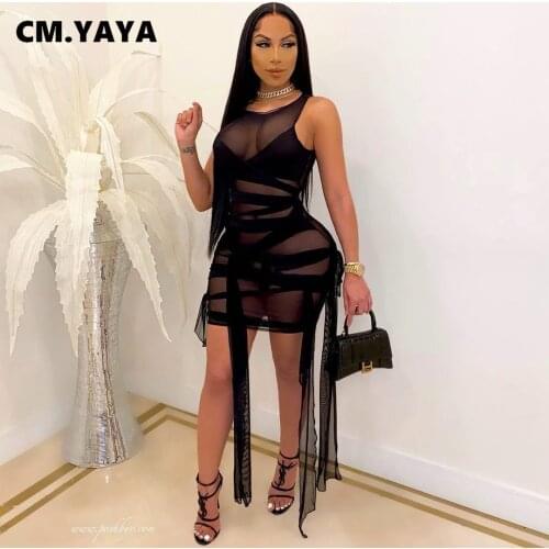 CM.YAYA Women Bodycon Midi Dress Sexy Mesh Drawstring Tank Dresses Sleeveless Above Knee see though Mini Outfits