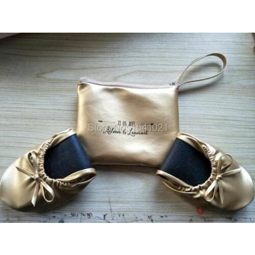 2017 best selling dark gold roll up ballerina shoes with bag printed customized logo