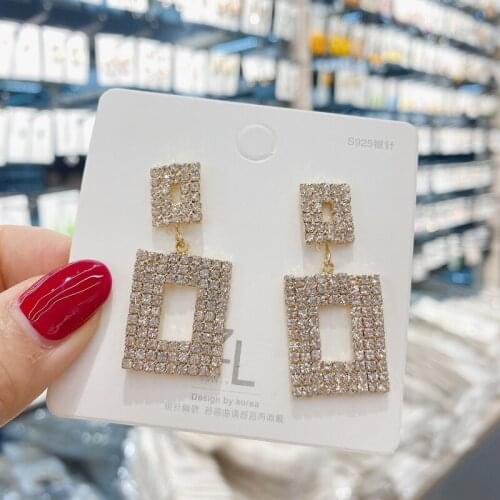 2020New Fashion Luxury Shining Crystal Drop Earrings Gold Silver Color Square Rhinestone Dangle Earrings for Women Wedding Party
