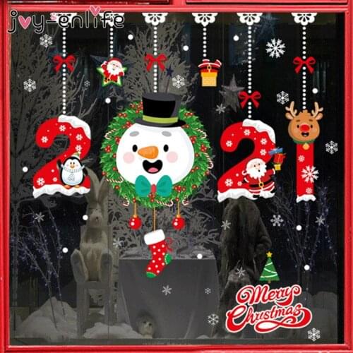 2021 Merry Christmas Stickers Santa Claus Deer Xmas Tree Snowflake Wall Window Stickers Ornaments Navidad New Year Decoration