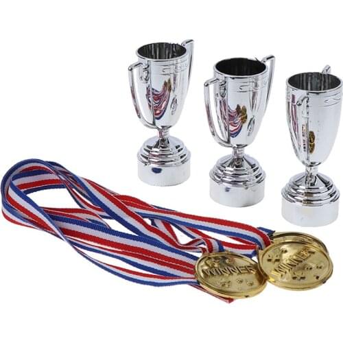 6 Pcs=3pcs Gold Plastic Winners Medals +3 plastic Trophy Toys For Kids Party Fun Props hot sale