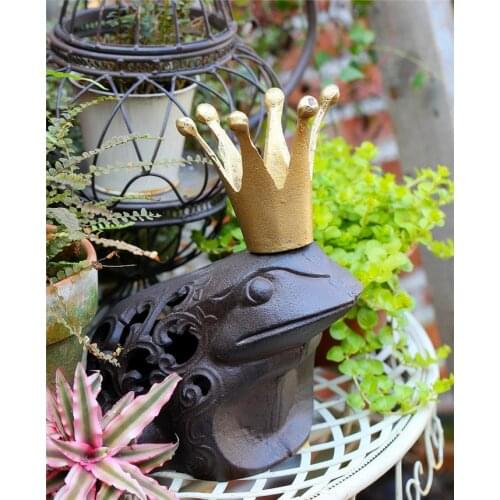 Cast Iron Frog PRINCE CHARMING Brown Rustic King Toad with Golden Crown Statue Paperweight Country Garden Decor Candle Holder