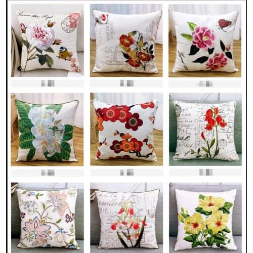 Home Decor Emboridered Cushion Cover Country flowers Canvas Embroidery Pillow Cover 45x45cm