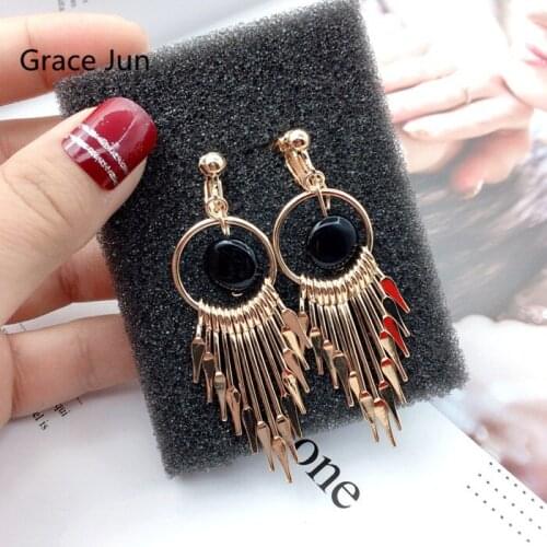 Grace Jun European and American Vintage Black Big Circle Geometric Clip on Earrings and Pierced Earrings Fashion Accessory 2019
