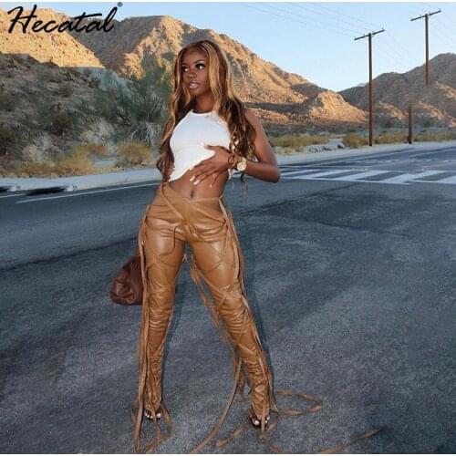 Heeatal Stacked Leggings Women Pants PU Leather Trousers Personality Streamer Stacked Pants Women PU Imitation Leather Trousers