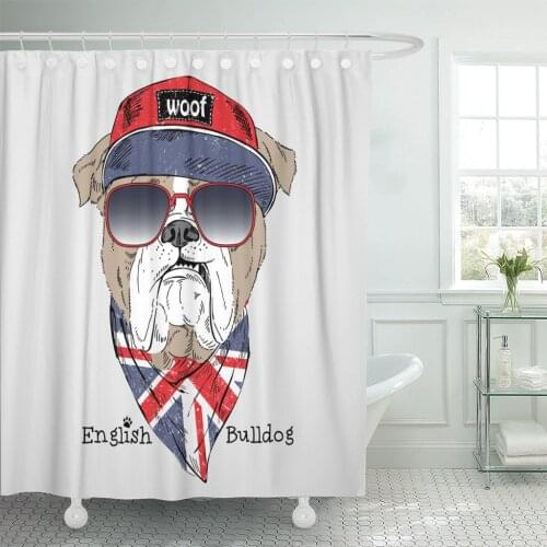Hipster English Bulldog Dressed Up in Flag Animal Dog Shower Curtain Polyester 60 x 72 inches Set with Hooks