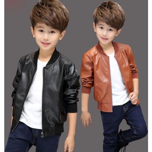 INS hot Baby Boys PU Jackets 1-13 year old Threaded round neck jacket autumn and winter plus velvet thickening all season
