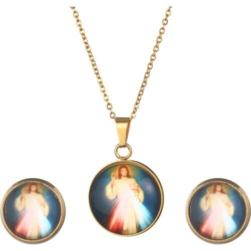 Gold Color Ethiopian Trendy Pendant Necklace Earrings for Women Men Classic Christian Jesus Necklace Jewelry Set