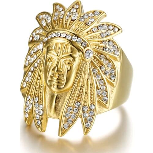 Micro Paved Rhinestones Ice Out Bling Indians Chief Ring Titanium Stainless Steel Gold Rings for Men Hip Hop Rapper Jewelry