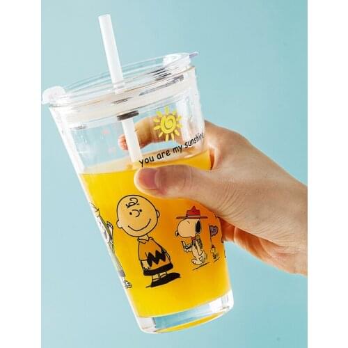 Cute cartoon childrens milk cup with graduated straw drinking breakfast glass cartoon version microwave oven can be heated