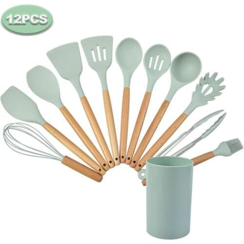 12 Pieces of Silica Gel Kitchenware Set, Non Stick Pot, Cooking Tool, Wooden Handle, Shovel Spoon Set, Kitchen Utensils, Cooking