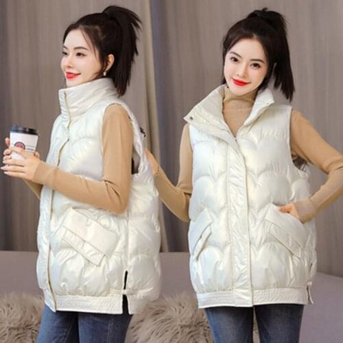 2021 Autumn Winter Short Down Cotton Waistcoat Womens Shiny Vest Jacket Trendy Warm Sleeveless Korean Coat