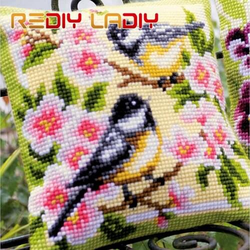 Cross Stitch Cushion Birds and Blossom Make Your Own Pillow Chunky Cross Stitch Kits Pre-Printed Canvas Acrylic Yarn Pillow Case