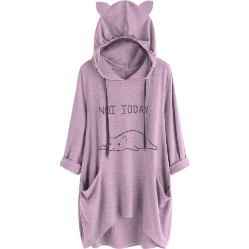 Casual Lying Cat Printed Sweatshirt Kawaii Cat Ear Hoody Hoodies Blouse With Pockets Ribbon Top Pullover Sudadera Mujer Clothes