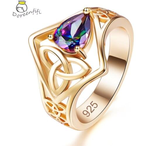 Luxury Gold Color Multicolor Green Water CZ 925 Sterling Silver Ring Tourmaline Female Women Wedding Jewelry Size 6 7 8 9 Anillo