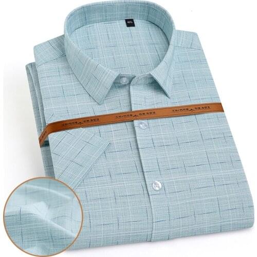 Summer Bamboo Fiber Mens Elastic Short Sleeve Dobby Dress Shirts Soft Comfortable Cool Regular Fit Print Casual Shirts for Male