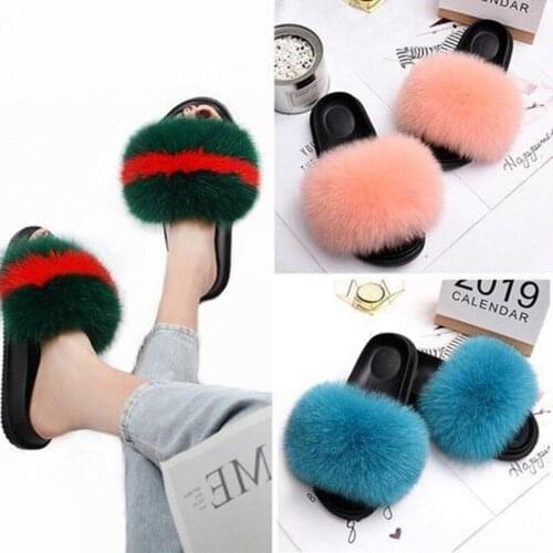 Free Shipping Real Fur Slippers Women Fashion Outdoor Wear Furry Slides For Women Big Fluffy Slippers plus size42
