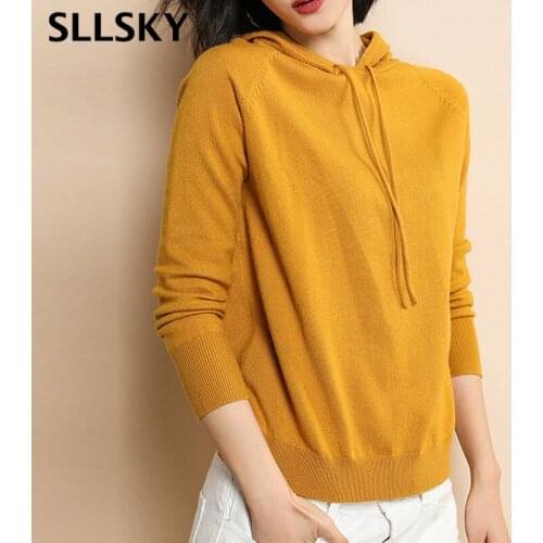 Sllsky Autumn Hooded Polluver Knitted Sweater Women Casual Fashion Loose Sweatshirt 2020 Winter Solid Soft Base Knitted Tops