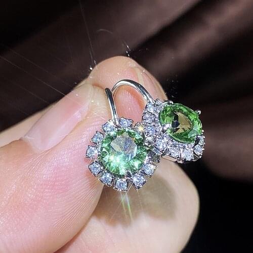 Vintage Female Green Crystal Clip Earrings Classic Round Zircon Stone Earrings For Women Trendy Silver Color Wedding Earrings