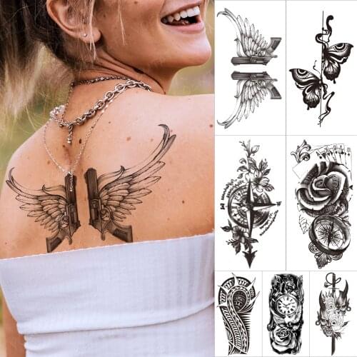 Waterproof Temporary Tattoo Sticker Gun Wing Feathers Tattoos Black Rose Compass Body Art Arm Fake Sleeve Tatoo Women