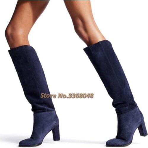 Suede Navy Blue Boots Round Toe Chunky Heels Knee High Long Boots Slip On Square Custom Made Winter Women Boots New Arrivals