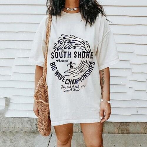Surfing Beach Printing Letter Graphic Tee Women Vintage White Short Sleeve Casual Beach Style Tops Summer Plus Size 3XL 2021 New