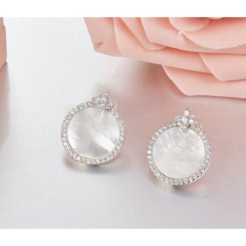 SLJELY Fashion Brand Design Real 925 Sterling Silver Round Shell Micro Cubic Zircon CZ Star Stud Earrings Women Party Jewelry