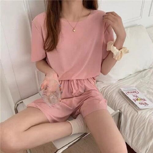 Womens Set Short Sleeve T-shirt + Shorts Silk Breathable Female Clothing Solid Color Two Piece T Shirt Casual Fashion Suit Women