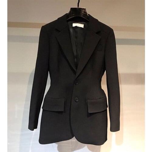 Womens Black Wool Suit Shoulder Pads Waist Hugging Ladies Jackets Office Business Autumn Blazer Elegant Outwear