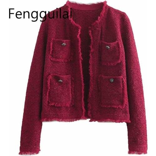 Elegant Soft Tweed Jacket Tassel Long Sleeves O Neck Female Office Lady Tweed Coat Wine Red Women Short Jacket Cardigan New