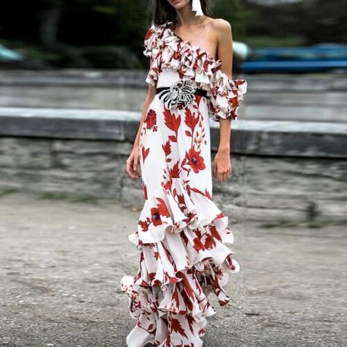 HIGH STREET Newest Summer 2021 Designer Fashion Womens Cascading Ruffles Floral Print Slash Neck Beach Long Dress