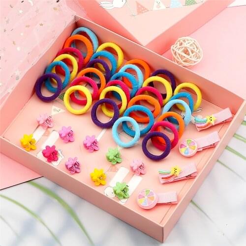 44Pcs/Set Basic Elastic Hair Bands Children Girls Hair Accessories Cartoon Cute Hair Clip Colorful Flower Hair Claw Hairpin Gift