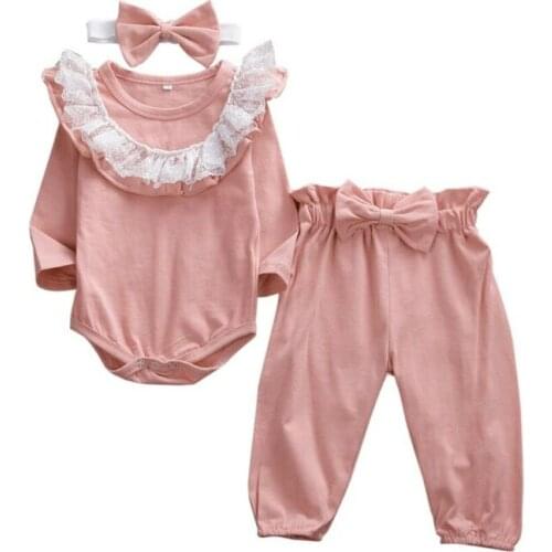 0-24M Baby Girl Spring Autumn Clothing Lace Ruffle Bodysuit +Long Pants+Bowknot Headband 3Pcs Newborn Infant Girls Outfits Set