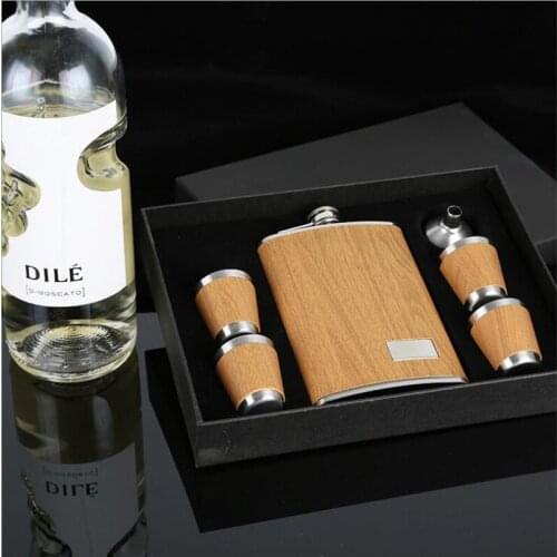Wood Grain 9OZ Portable Stainless Steel Hip Flask Whiskey Wine Pot Leather Cover Bottle of Alcohol Whiskey Vodka Gift for Men