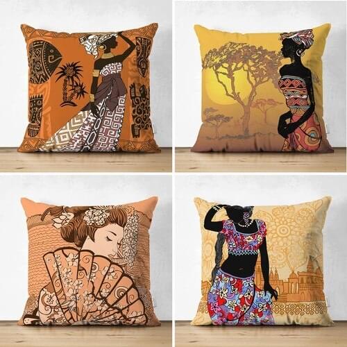 Double-Sided Ethnic African Women Patterned 4'lü Suede Pillow decorate Case Set