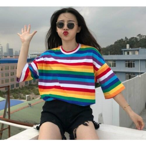 T Shirt Women Rainbow Striped Punk T-shirt O-Neck Casual Harajuku Tshirt Short Sleeve Korean Fashion Shirt Camiseta Feminina Top