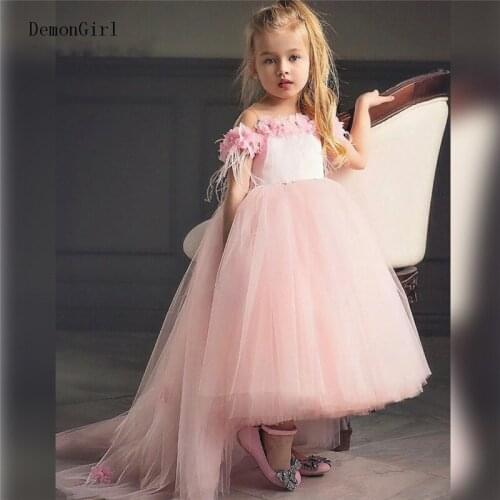 Beautiful Pink Flower Girl Dresses Puffy Tulle Off Shoulder Children Wedding Party Dresses Vestido Kid Birthday Gown
