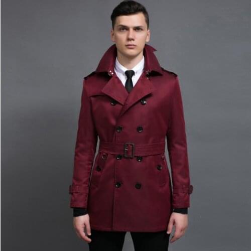 Red autumn fashion medium-long trench coat men overcoat long sleeve mens clothing double breasted outerwear casaco masculino