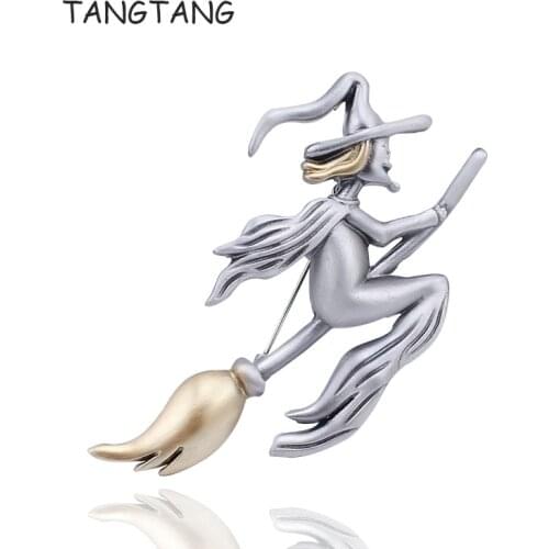 TANGTANG Metal Brooches Witch Brooch Riding A Broom in Flight Painted Yellow Oil With Hat Brooch Magical Halloween Gift Jewelry