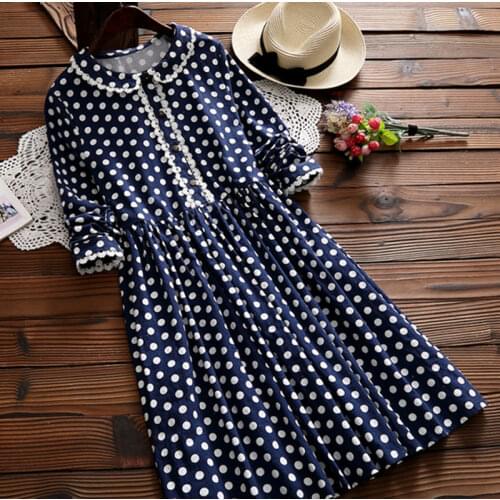 Women Dot Print Preppy Long-sleeve Doll Dresses Mori Girl Sweet Cotton Casual Hippie Boho Female Novelty Dress Vestidos Largos