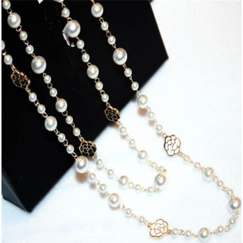 Fashion Korean Camellia Long Chain Necklace New Fashion Single Layer Simulated Pearl Sweater Necklaces For Women Jewelry